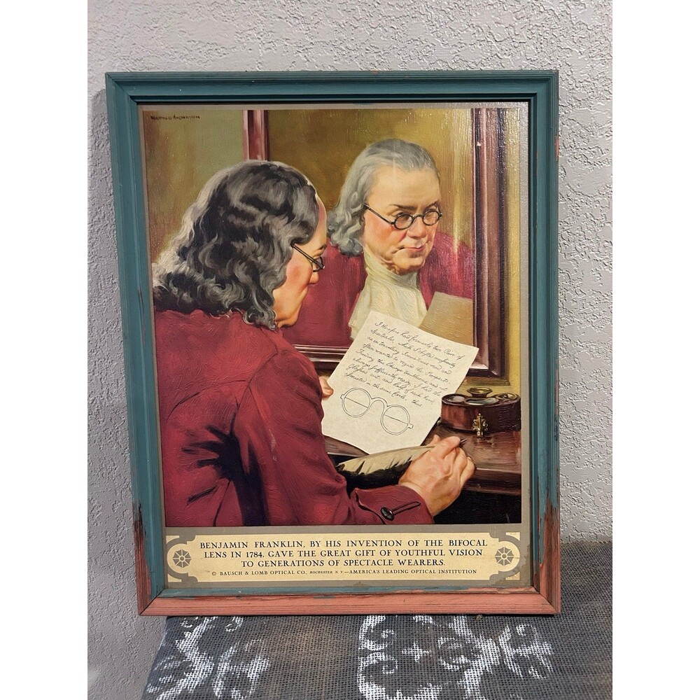 1930s Bausch & Lomb Ben Franklin Print Vintage 17” x 21” Advertising Print Eye